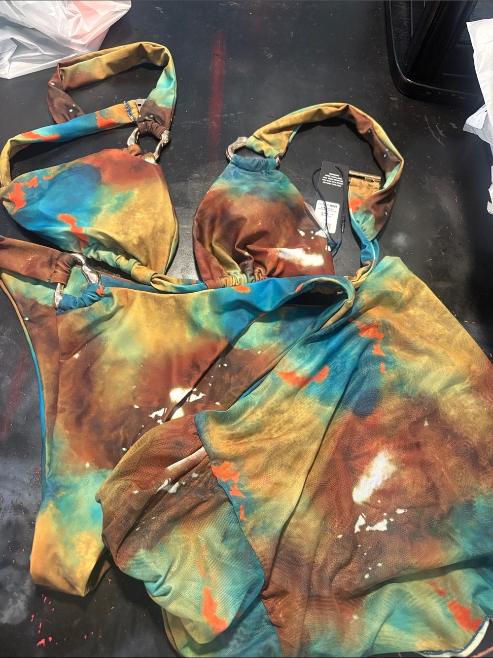 Fashion Nova Women's Tie-Dye One-Piece Swimsuit in Blue, Brown, Orange